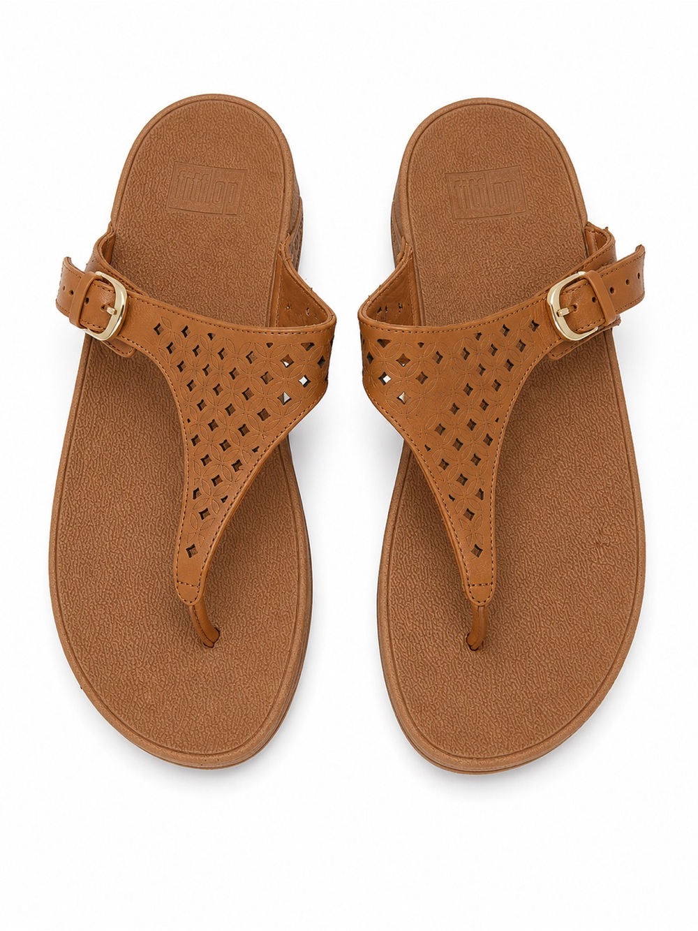 FitFlop The Skinny Tan Leather Lattice Thong Wedge Sandals US W Size 8 EUR 39